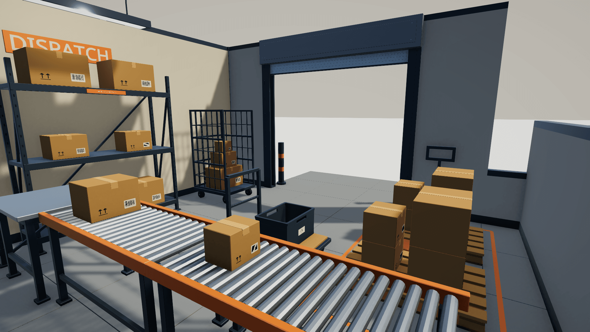 Roller conveyor carrying parcels past dispatch shelving, a roll cage and pallets in front of the raised loading shutter